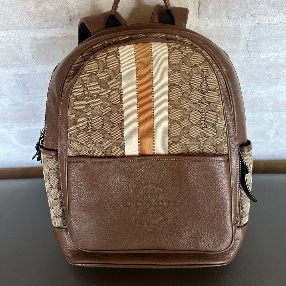 Coach Women’s or Men’s Signature Stripe Leather Canvas Backpack Brown Tan